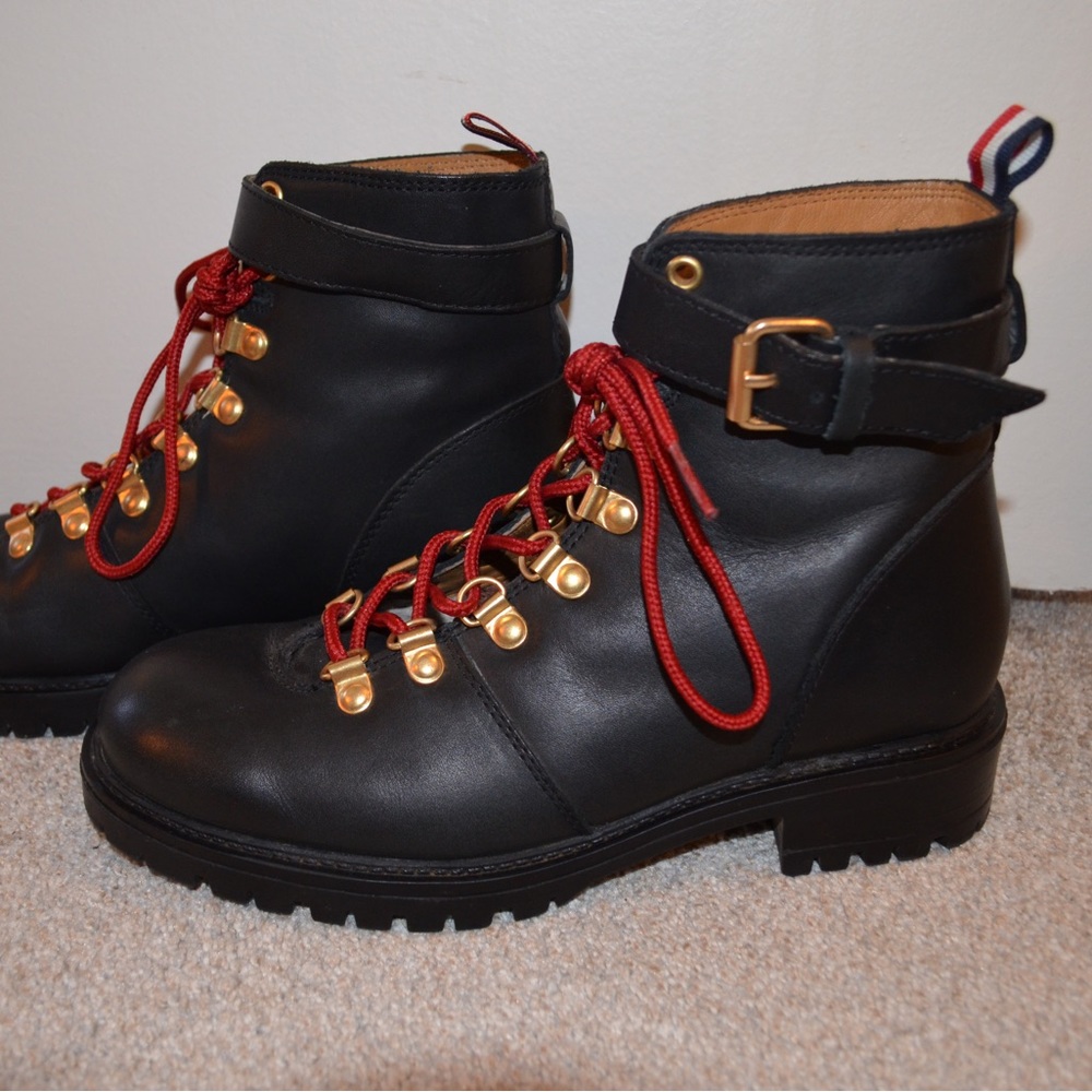 Urban Outfitters Black Leather Ankle Boots with Red Laces and Gold Hardware